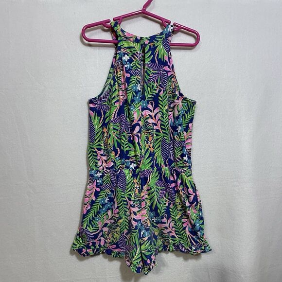 Lilly Pulitzer Brienne Borealis Blue Shorts Romper Girls L Floral Tropical Tiger - Picture 2 of 12